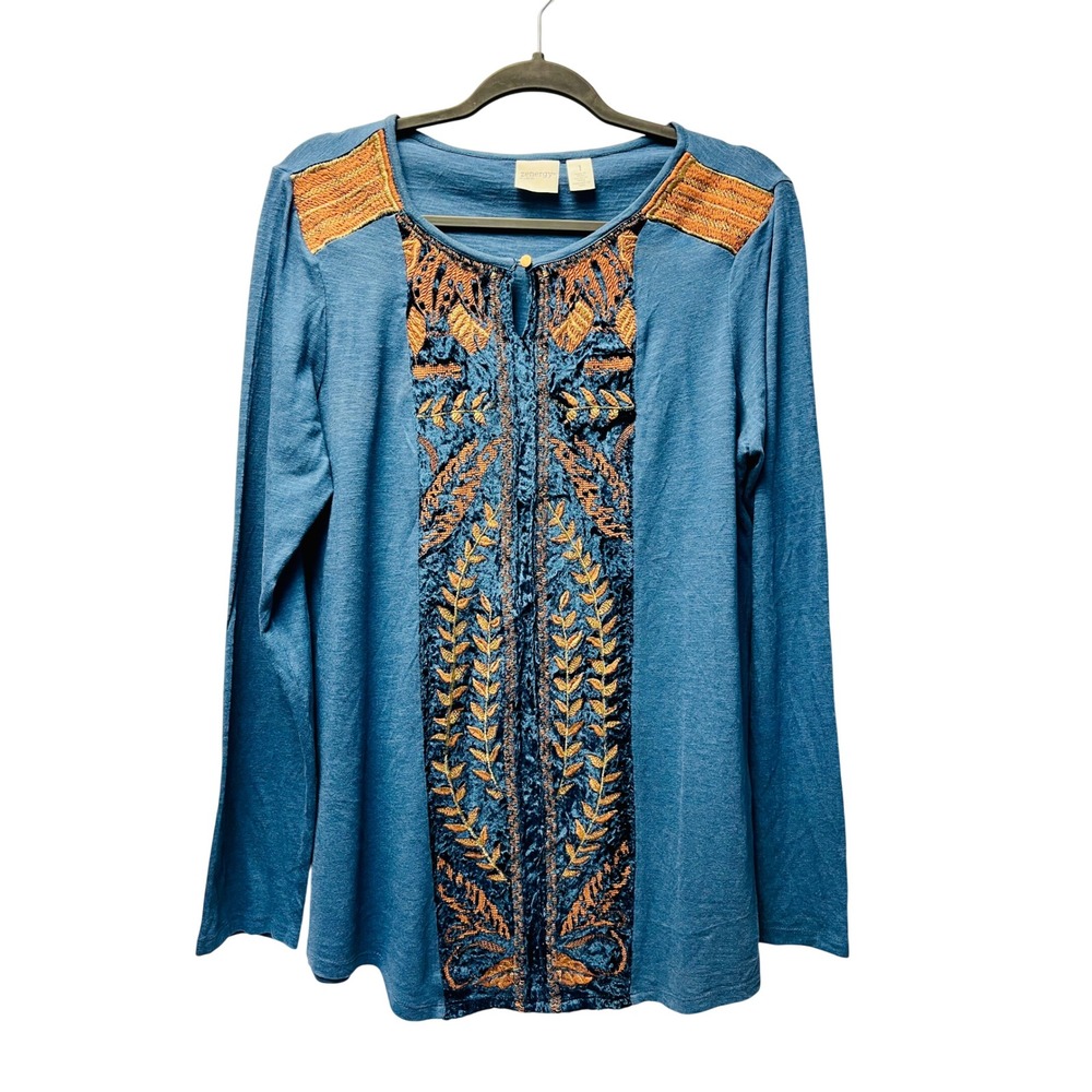 Zenergy by Chico's Top Sz 1 (M) Blue Embroidered Knit Artsy Earthy Boho Festival
